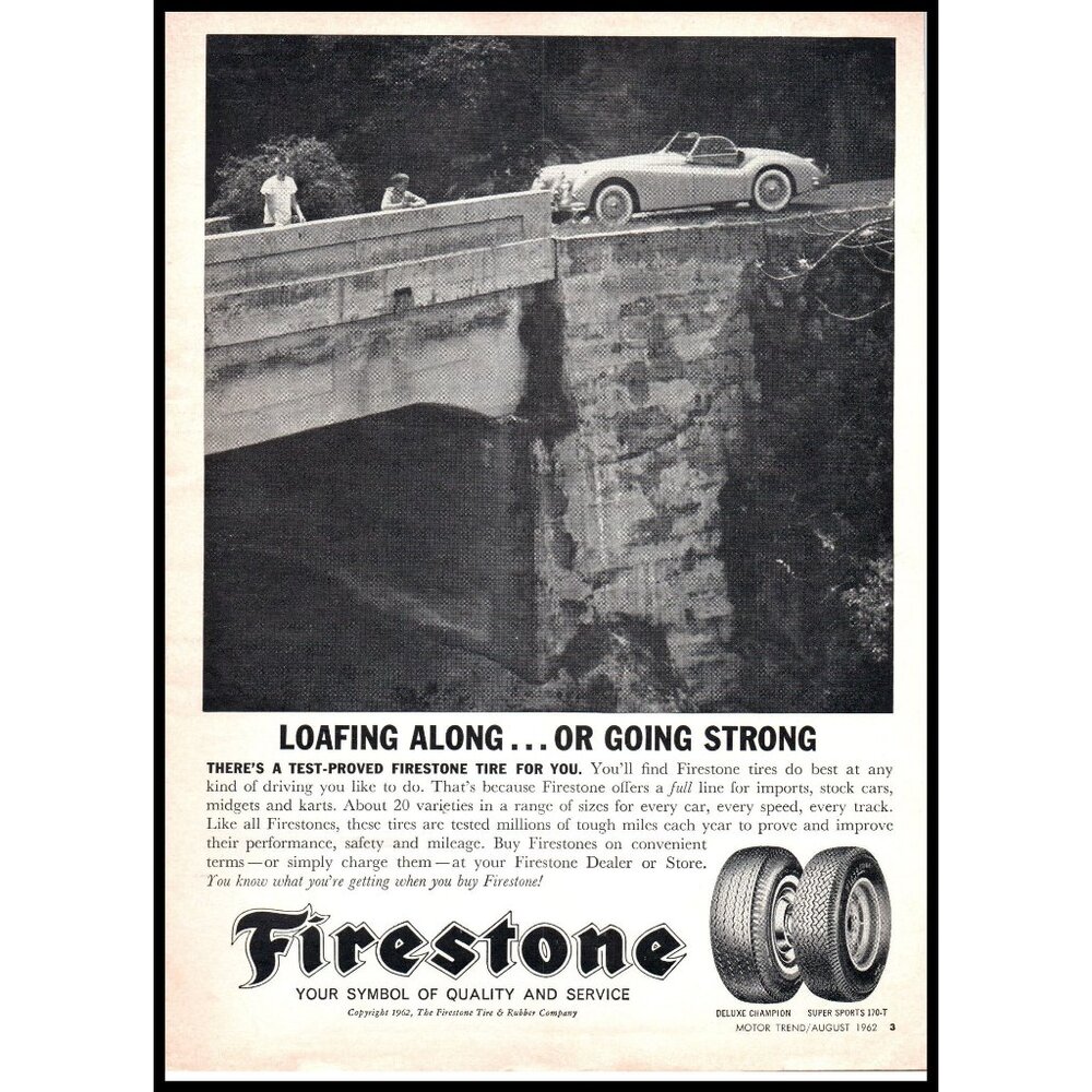 1962 Firestone Tires Vintage Print Ad White Convertible Boys Fishing Wall Art